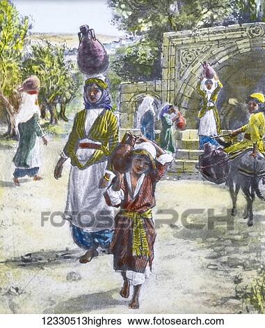 Stock Photograph - A hand coloured magic lantern slide circa 1900. Series The life of jesus of Nazareth. The hidden life in Nazareth. And he went and settled in a town called Nazareth; that there might be fulfilled what was spoken through the prophets: He shall be.... Fotosearch