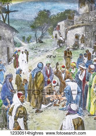 Stock Photograph - A hand coloured magic lantern slide circa 1900. Series The life of jesus of Nazareth. THE DEVIL CAST OUT OF A YOUNG BOY. And when he had come to the crowd a man approached him and threw himself on his knees before him, saying; Lord, have pity on my.... Fotosearch