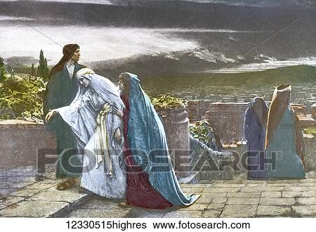 Stock Photograph - A hand coloured magic lantern slide circa 1900. Series The life of jesus of Nazareth. Mary is taken away after the crusifiction, the crosses on the hill. Fotosearch