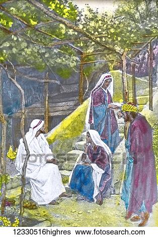 Stock Photograph - A hand coloured magic lantern slide circa 1900. Series The life of jesus of Nazareth. MARY AND MARTHA. Now it came to pass that as they were on their journey, he entered a'certain village; and a woman named Martha welcomed him into her house. And she.... Fotosearch