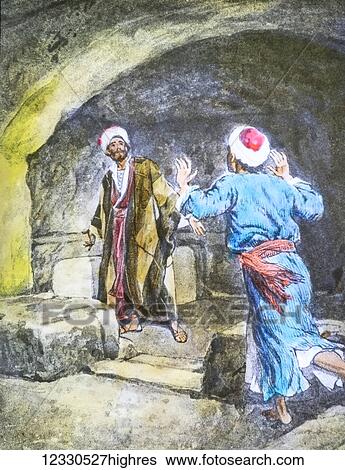 Stock Photograph - A hand coloured magic lantern slide circa 1900. Series The life of jesus of Nazareth. PETER AND JOHN RUN TO THE SEPULCHRENow it was Mary Magdalene and Joanna and Mary, the mother of James, and the other women who were with them, who were telling these.... Fotosearch