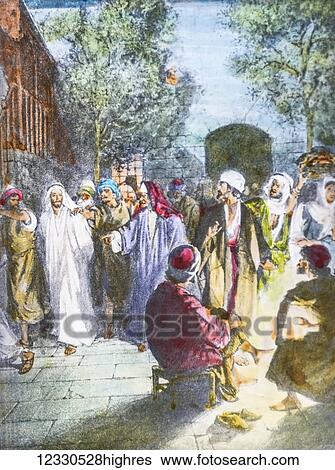 Stock Photograph - A hand coloured magic lantern slide circa 1900. Series The life of jesus of Nazareth. PETER DENIES OUR LORD and about an hour later another insisted, saying, surely this man was with him loo, for he is a Galilean. But Peter said, Man, I do not know.... Fotosearch