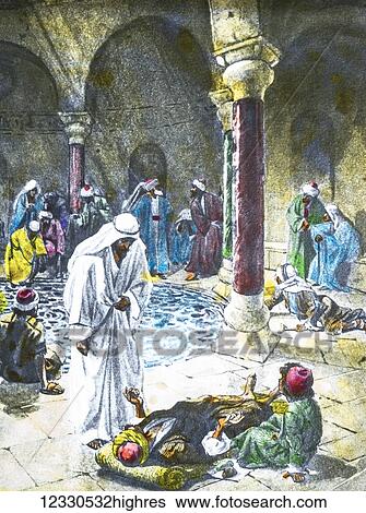 A hand coloured magic lantern slide circa 1900. Series The life of jesus of Nazareth. THE MAN CURED AT THE PROBATIC POOL After this there was a Feast of the Jews, and Jesus went up to Jerusalem. Now there is at Jerusalem, by the Sheepgate, a pool... View Large Photo Image Stock Photograph - A hand coloured magic lantern slide circa 1900. Series The life of jesus of Nazareth. THE MAN CURED AT THE PROBATIC POOL After this there was a Feast of the Jews, and Jesus went up to Jerusalem. Now there is at Jerusalem, by the Sheepgate, a pool.... Fotosearch