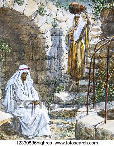 Stock Photograph - A hand coloured magic lantern slide circa 1900. Series The life of jesus of Nazareth. The samaritan woman at the well. He came accordingly to a town of Samaria called Sichar... wearied, as he was from the journey, he was sitting at the well. It was.... Fotosearch