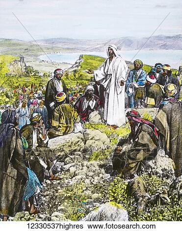 Stock Photograph - A hand coloured magic lantern slide circa 1900. Series The life of jesus of Nazareth. The sermon on the mount. And seeing the crowds, he went up the mountain. And when he was seated, his disciples come to him, and opening his mouth he taught them,.... Fotosearch