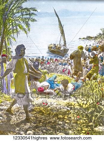 Stock Photograph - A hand coloured magic lantern slide circa 1900. Series The life of jesus of Nazareth. Parable of the sower. And he spoke to them many things in parables, saying, Behold, the sower went out to sow. And as he sowed, some seeds fell by the wayside... Fotosearch