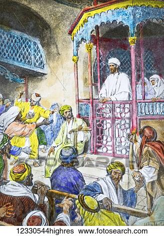 A hand coloured magic lantern slide circa 1900. Series The life of jesus of Nazareth. Jesus teaching in the synagogue. And Jesus returned in the power of the Spirit into Galilee... and he taught in their synagogues... and he came to Nazareth where he... View Large Photo Image Stock Photograph - A hand coloured magic lantern slide circa 1900. Series The life of jesus of Nazareth. Jesus teaching in the synagogue. And Jesus returned in the power of the Spirit into Galilee... and he taught in their synagogues... and he came to Nazareth where he.... Fotosearch