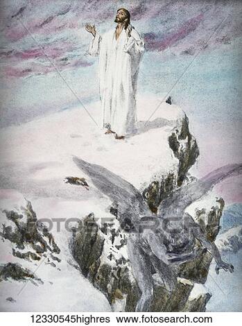 Stock Photograph - A hand coloured magic lantern slide circa 1900. Series The life of jesus of Nazareth. Our Lord is tempted in the desert. And the devil led him up and showed him all the kingdoms of the world in a moment of time. And he said to him, To thee will I give.... Fotosearch