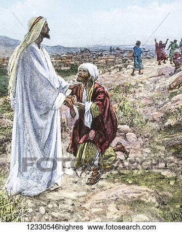 Stock Photograph - A hand coloured magic lantern slide circa 1900. Series The life of jesus of Nazareth. THE ten lepers And it came to pass as he was going to Jerusalem, that he was passing between Samaria and Galilee. And as he was entering a certain village, there.... Fotosearch