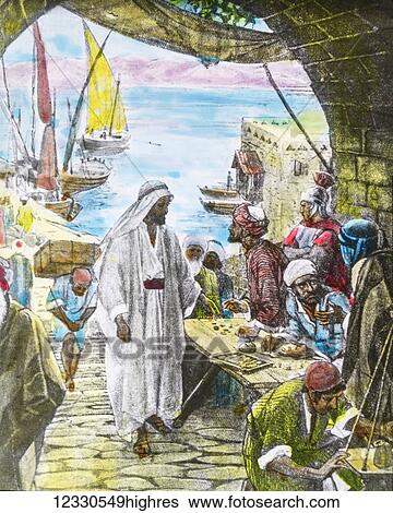 Stock Photograph - A hand coloured magic lantern slide circa 1900. Series The life of jesus of Nazareth. the call of Matthew. And after this he went forth, and he saw a publican, named Levi, sitting in the tax-collectors place, and he said to him, Follow me. And leaving.... Fotosearch