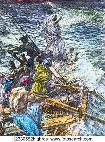 Stock Photograph - A hand coloured magic lantern slide circa 1900. Series The life of jesus of Nazareth. THE STORM AT SEA. Then he got into a boat, and his disciples followed him. And behold, there arose a great storm on the sea, so that the boat was covered by the waves;.... Fotosearch