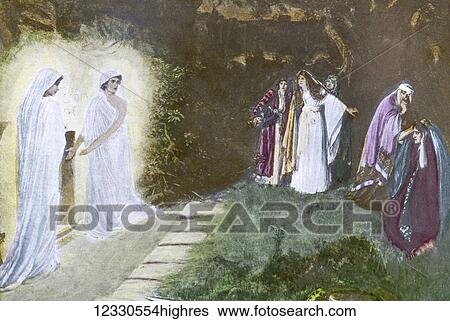 Stock Photograph - A hand coloured magic lantern slide circa 1900. Series The life of jesus of Nazareth. THE WOMEN AT THE TOMB But on the first day of the week at early dawn, they came to the tomb taking the spices that they had prepared, and they found the stone rolled.... Fotosearch