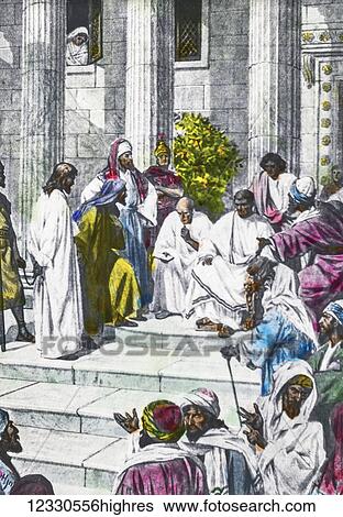 Stock Photograph - A hand coloured magic lantern slide circa 1900. Series The life of jesus of Nazareth. hinder our service. THE TRIAL BEFORE PILATEAnd the whole assemblage rose and took him before Pilate. And they began to accuse him... and Pilate said to the chief.... Fotosearch