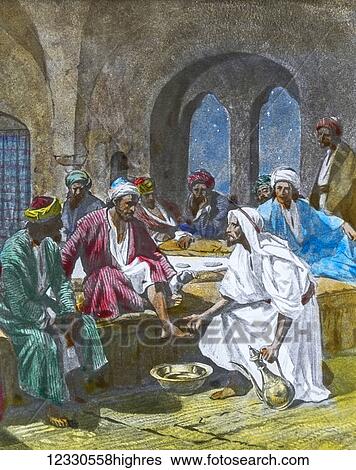 Stock Photograph - A hand coloured magic lantern slide circa 1900. Series The life of jesus of Nazareth. nothing without the love of God and without faith in Christ. THE LAST SUPPERWASHING OF THE FEET And during the supper, the devil having already put it into the heart.... Fotosearch