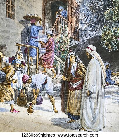 Stock Photograph - A hand coloured magic lantern slide circa 1900. Series The life of jesus of Nazareth. The wedding feast at Cana. And on the third day a marriage took place at Cana of Galilee, and the mother of Jesus was there. Now Jesus too was invited to the.... Fotosearch