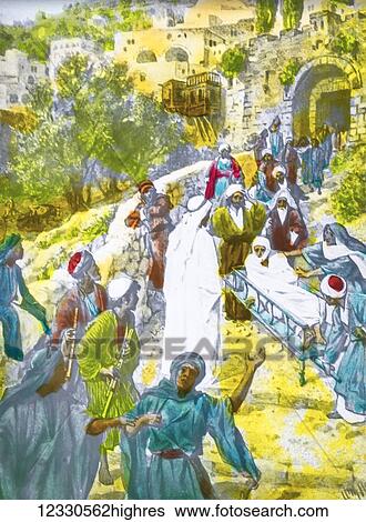 Stock Photograph - A hand coloured magic lantern slide circa 1900. Series The life of jesus of Nazareth. the widow of Naim. And it came to pass that soon afterwards he went to a town called Naim; and his disciples and a large crowd went with him. And as he drew near the.... Fotosearch