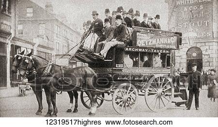 Stock Photograph - A Knifeboard bus, so named because of the upper deck seats, where the passengers sat back to back. From The Pageant of the Century, published 1934.. Fotosearch