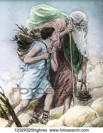 Stock Photograph - A magic lantern slide circa 1900. According to the Hebrew Bible, God commands Abraham to offer his son Isaac as a sacrifice on moiunt Moriah [Gen 22: 2-8]. After Isaac is bound to an altar, a messenger from God stops Abraham at the last minute, saying.... Fotosearch