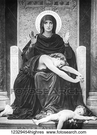 Stock Photograph - A magic lantern slide circa 1900. Vierge Consolatrice by William-Adolphe. A mother lies on the lap of Mary. Her dead child lies on the floor. Marys hands are raised to Christ and she is praying My Son. Bring comfort.. Mary had watched her innocent.... Fotosearch