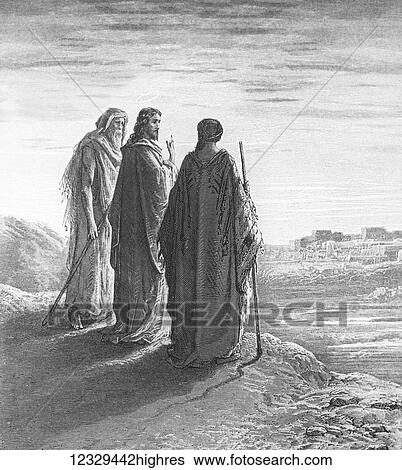 Stock Photograph - A magic lantern slide circa 1900. The desciples on the way to Emmaus. Fotosearch