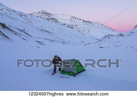 A man assembling a tent after sunset during a winter camping trip in the Alaska Range, near Augustana Glacier; Alaska, United States of America View Large Photo Image Stock Photograph - A man assembling a tent after sunset during a winter camping trip in the Alaska Range, near Augustana Glacier; Alaska, United States of America. Fotosearch