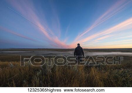 Stock Photograph - A man stands watching watching the sunrise colour over the Frenchman River Valley in Grasslands National Park; Saskatchewan, Canada. Fotosearch