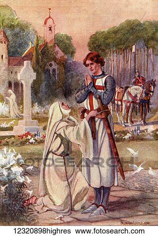 Stock Photograph - A nun binds the waist of Sir Galahad with a belt made of her hair and a device representing The Holy Grail in crimson and silver thread. Coloured illustration from The Story of Sir Galahad from book The Gateway to Tennyson published 1910.. Fotosearch