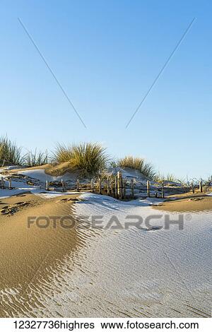 Stock Photograph - A skiff of snow on the sandy beach; South Shields, Tyne and Wear, England. Fotosearch