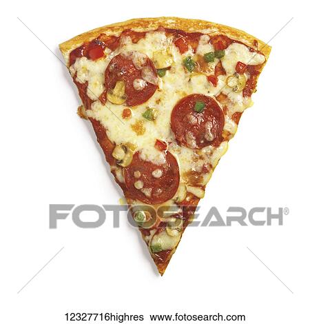 Stock Photograph - A slice of deluxe pizza on a white background. Fotosearch