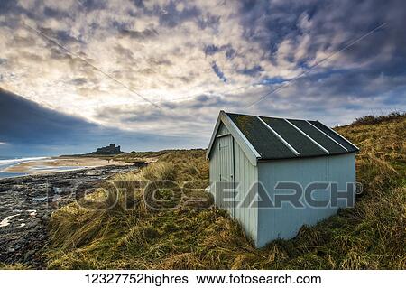 Stock Photograph - A small green shed on the grass along the coast with Bamburgh Castle in the distance; Bamburgh, Northumberland, England. Fotosearch