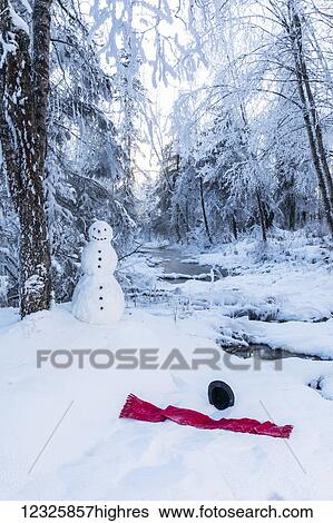 Stock Photograph - A smiling snowman with a discarded red scarf and black top hat in the snow before him, the surrounding forest covered in hoar frost, cool winter light illuminating the scene, South-central Alaska; Anchorage, Alaska, United States of America. Fotosearch
