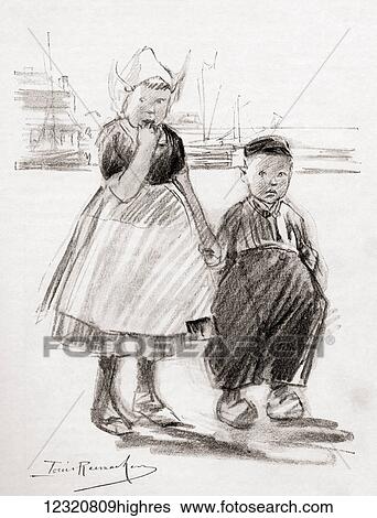 Stock Photograph - A Study of Dutch Children. From the chalk drawing by Louis Raemaekers from the book Princess Marie-Jos's Children's Book published 1916.. Fotosearch