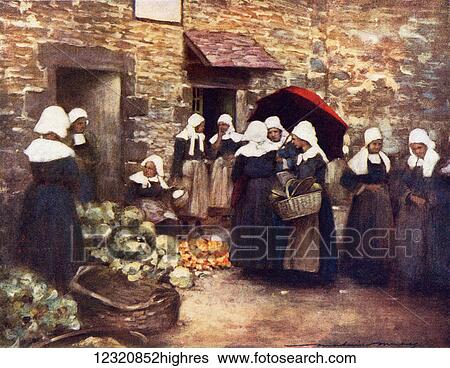 A Vegetable Market in Brittany, France. Colour illustration from the book France by Gordon Home published 1918 View Large Photo Image Stock Photograph - A Vegetable Market in Brittany, France. Colour illustration from the book France by Gordon Home published 1918. Fotosearch
