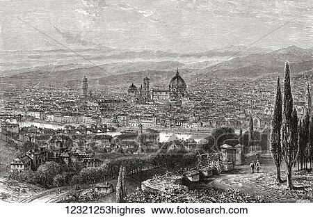Stock Photograph - A view of Florence, Tuscany, Italy from the terrace of San Miniato, in the late 19th century. From Italian Pictures by Rev. Samuel Manning, published c. 1890.. Fotosearch