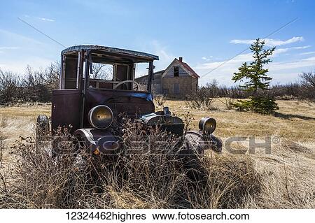 A vintage car sitting in a field with overgrown grass and shrubs; Orion, Alberta, Canada View Large Photo Image Stock Photograph - A vintage car sitting in a field with overgrown grass and shrubs; Orion, Alberta, Canada. Fotosearch