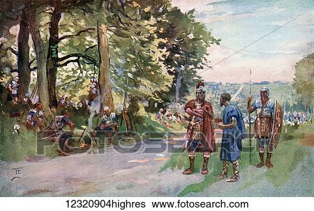 Stock Photograph - A wayside halt during a Roman Legion's march on the long straight Roman road near Old Sarum, England. From The Illustrated London News, Christmas Number, 1933.. Fotosearch