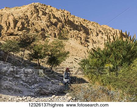 Stock Photograph - A young woman walks on a trail through the rugged hills of Ein Gedi Nature Reserve, Dead Sea District; South Region, Israel. Fotosearch