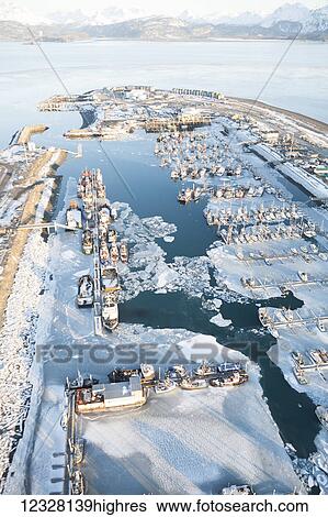 Aerial view of the Homer small boat harbor in winter, Southcentral Alaska, USA View Large Photo Image Stock Photograph - Aerial view of the Homer small boat harbor in winter, Southcentral Alaska, USA. Fotosearch