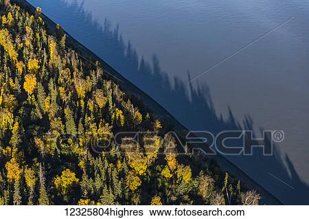 Stock Photograph - Aerial view of the shore of Cook Inlet meeting trees lining the beach at Point MacKenzie in autumn, low angled evening sun casting long shadows across the ocean, Point MacKenzie, South-central Alaska; Alaska, United States of America. Fotosearch