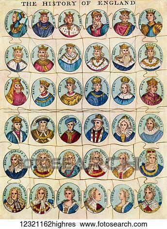 Stock Photograph - After a reproduction of possibly the first jigsaw puzzle. It dates from the early 19th century, showing all the Kings of England and was issued around 1820 with a potted history of English Kings in verse. From The Sketch Magazine Coronation Number.... Fotosearch
