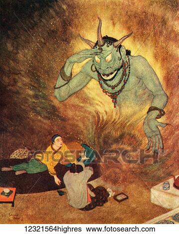 Stock Photograph - Aladdin and the Efrite. Illustration by Edmund Dulac for Aladdin and The Wonderful Lamp. From The Arabian Nights, published 1938.. Fotosearch