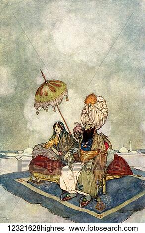 Stock Photograph - All this time the Princess had been watching the combat from the roof of the palace. Illustration by Edmund Dulac for The Story of The Magic Horse. From The Arabian Nights, published 1938.. Fotosearch