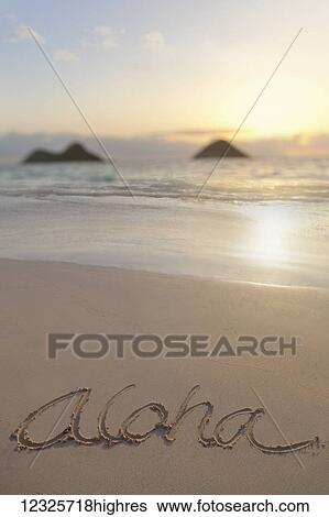 Aloha written on the sand on Lanikai Beach in Kailua with Mokulua twin islands in the background at sunrise; Honolulu, Oahu, Hawaii, United States of America View Large Photo Image Stock Photograph - Aloha written on the sand on Lanikai Beach in Kailua with Mokulua twin islands in the background at sunrise; Honolulu, Oahu, Hawaii, United States of America. Fotosearch