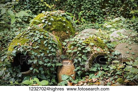 Stock Photograph - Ancient wine jugs and pitchers of different sizes found at the Zegaani Monastery; Kakheti, Georgia. Fotosearch