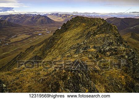 Stock Photograph - Autumn colours along the Dempster Highway, with a view of the highway running North; Yukon, Canada. Fotosearch