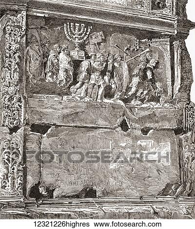 Stock Photograph - Bas-relief of the South panel The Spoils of War, showing the triumphal procession, on the Arch of Titus, Via Sacra, Roman Forum, Rome, Italy. From Italian Pictures by Rev. Samuel Manning, published c. 1890.. Fotosearch
