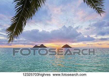 Stock Photograph - Beautiful sunrise at Lanikai Beach overlooking the Twin Makulua Islands; Kailua, Oahu, Hawaii, United States of America. Fotosearch