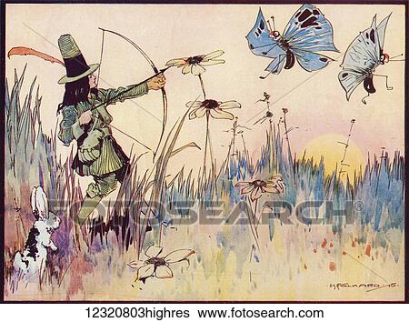 Stock Photograph - Big Game Hunting in Fairyland. From the illustration by H Folkard from the book Princess Marie-Jos's Children's Book published 1916.. Fotosearch
