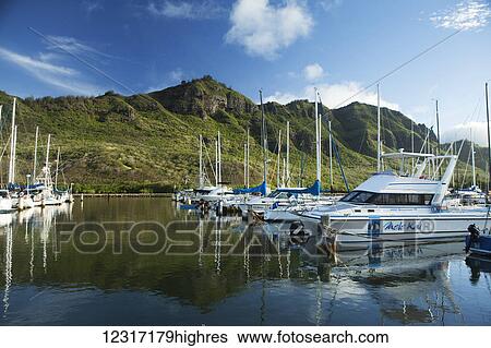Stock Photograph - Boats, Nawiliwili small boat harbour; Lihue, Kauai, Hawaii, United States of America. Fotosearch