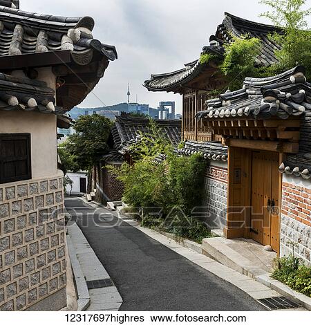 Stock Photograph - Bukchon Ha0k Village; Seoul, South Korea. Fotosearch